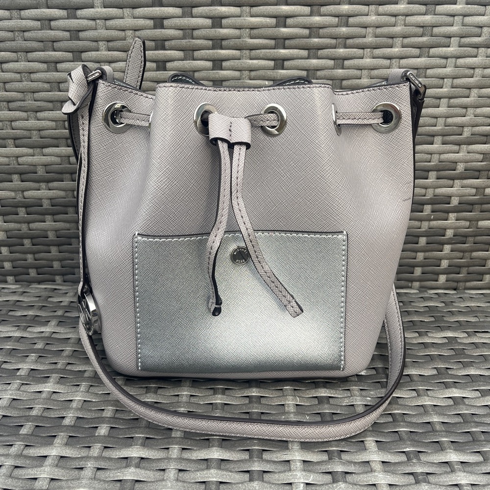Michael Kors Greenwich Grey Medium Saffiano Leather Crossbody Bucket Bag